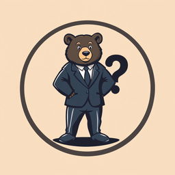 A logo design featuring an adult bear dressed in a formal suit, standing confidently with a questioning expression