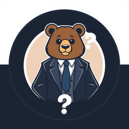 A logo design featuring an adult bear dressed in a formal suit, standing confidently with a questioning expression