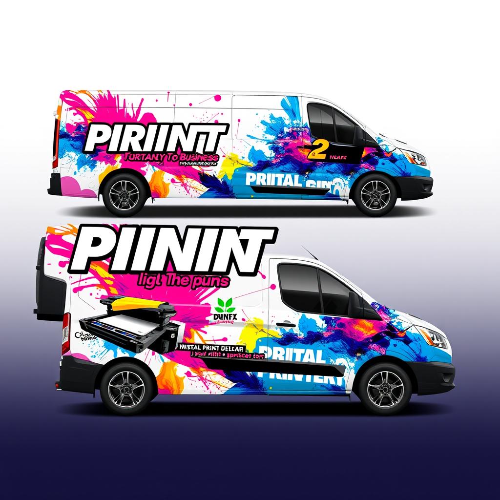 A vibrant, eye-catching vinyl design for a company van specializing in digital print, business signs, and vinyls