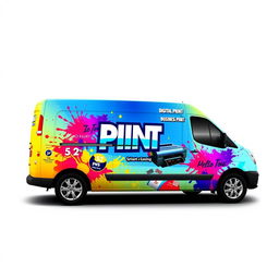 A vibrant, eye-catching vinyl design for a company van specializing in digital print, business signs, and vinyls