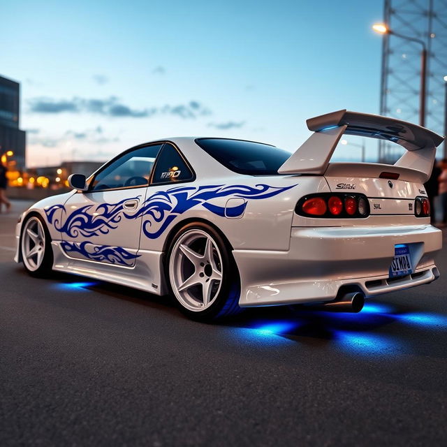 A stunning Silvia S14 Kouki in a sleek white finish featuring intricate blue tribal details