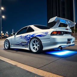 A stunning Silvia S14 Kouki in a sleek white finish featuring intricate blue tribal details