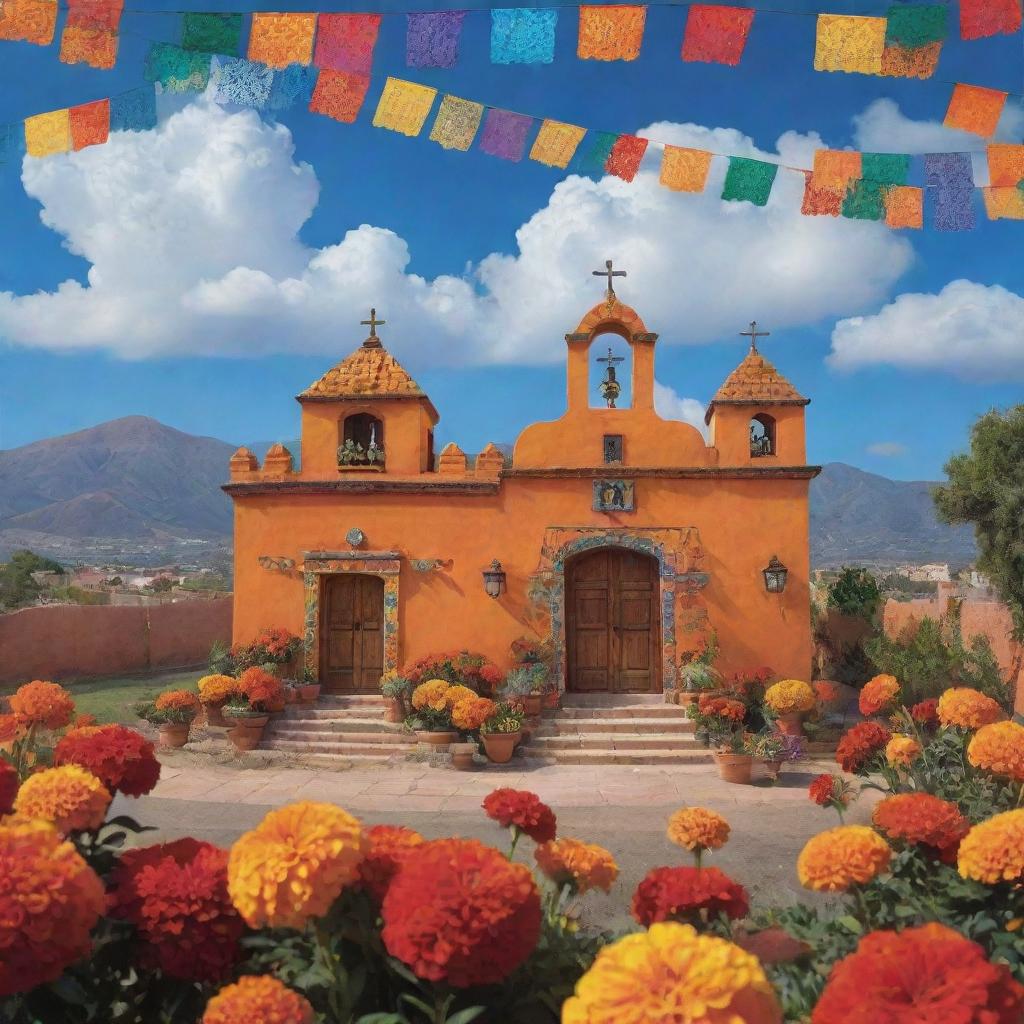 A picturesque representation of heaven inspired by Mexican culture. Fluffy clouds and vibrant marigolds fill the sky while friendly spirits engage in festivities under colorful papel picado banners. Traditional Mexican houses and majestic cathedrals float among the stars.