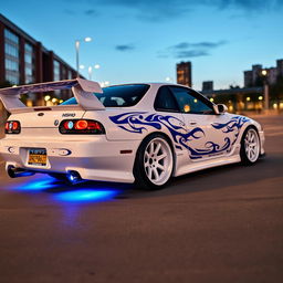 A stunning Silvia S14 Kouki in a sleek white finish featuring intricate blue tribal details