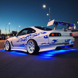 A stunning Silvia S14 Kouki in a sleek white finish featuring intricate blue tribal details