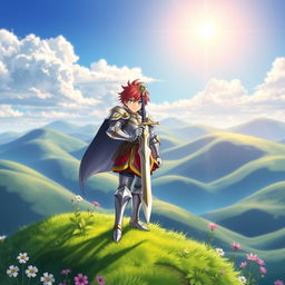 A vibrant and dynamic fantasy anime cover titled 'Hiroshi', featuring a young paladin with striking red hair and bright green eyes