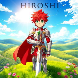 A vibrant and dynamic fantasy anime cover titled 'Hiroshi', featuring a young paladin with striking red hair and bright green eyes