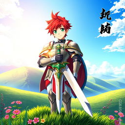 A vibrant and dynamic fantasy anime cover titled 'Hiroshi', featuring a young paladin with striking red hair and bright green eyes