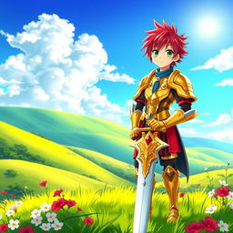 A vibrant and dynamic fantasy anime cover titled 'Hiroshi', featuring a young paladin with striking red hair and bright green eyes