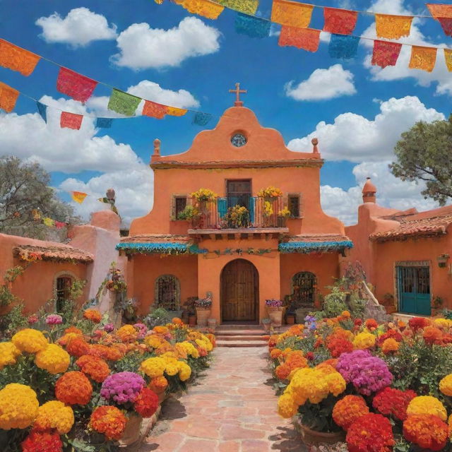 A picturesque representation of heaven inspired by Mexican culture. Fluffy clouds and vibrant marigolds fill the sky while friendly spirits engage in festivities under colorful papel picado banners. Traditional Mexican houses and majestic cathedrals float among the stars.