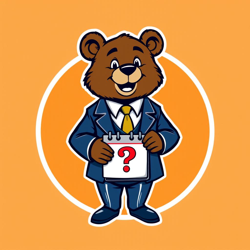 An adult bear character mascot wearing an elegant suit, holding a calendar with a question mark symbol on it, centered within a circular emblem