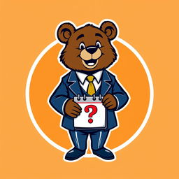 An adult bear character mascot wearing an elegant suit, holding a calendar with a question mark symbol on it, centered within a circular emblem