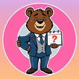 An adult bear character mascot wearing an elegant suit, holding a calendar with a question mark symbol on it, centered within a circular emblem