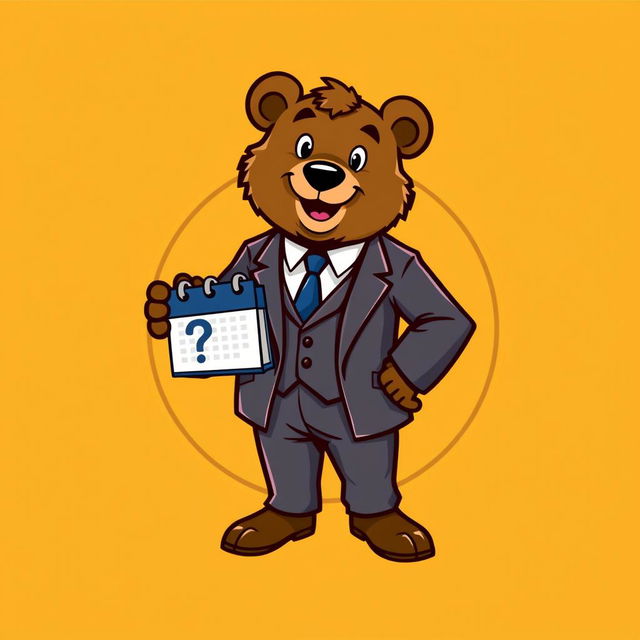 An adult bear character mascot wearing an elegant suit, holding a calendar with a question mark symbol on it, centered within a circular emblem