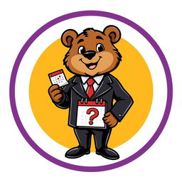 An adult bear character mascot wearing an elegant suit, holding a calendar with a question mark symbol on it, centered within a circular emblem