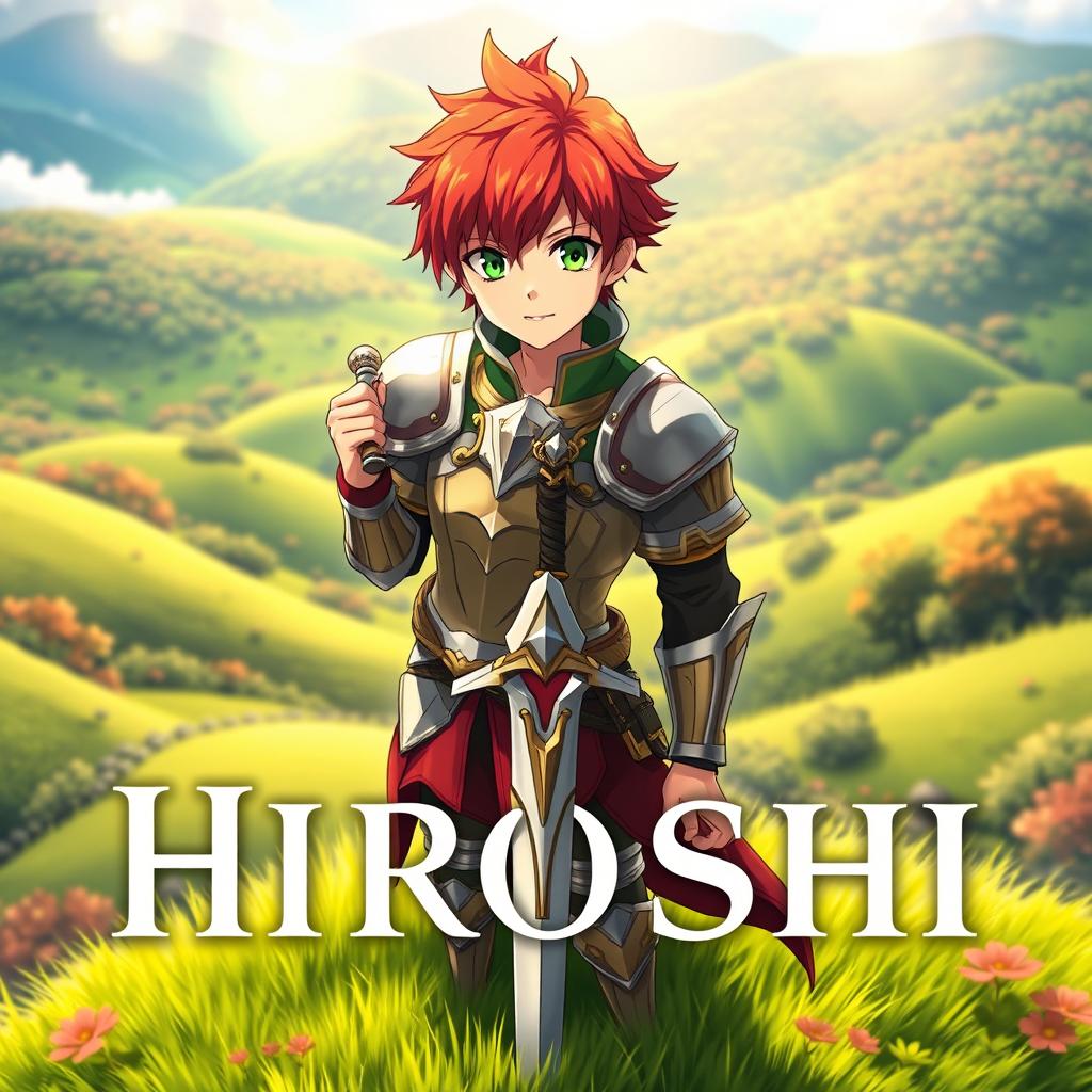 A captivating and adventurous fantasy anime cover titled 'Hiroshi', featuring a 16-year-old young paladin with vibrant red hair and striking green eyes