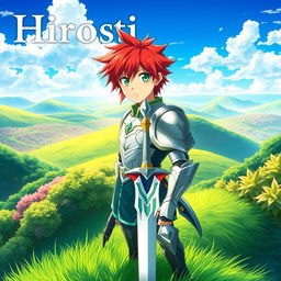 A captivating and adventurous fantasy anime cover titled 'Hiroshi', featuring a 16-year-old young paladin with vibrant red hair and striking green eyes