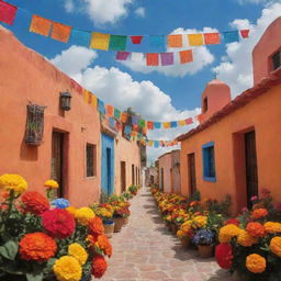 A picturesque representation of heaven inspired by Mexican culture. Fluffy clouds and vibrant marigolds fill the sky while friendly spirits engage in festivities under colorful papel picado banners. Traditional Mexican houses and majestic cathedrals float among the stars.