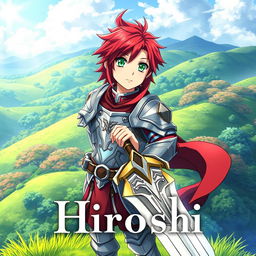 A captivating and adventurous fantasy anime cover titled 'Hiroshi', featuring a 16-year-old young paladin with vibrant red hair and striking green eyes