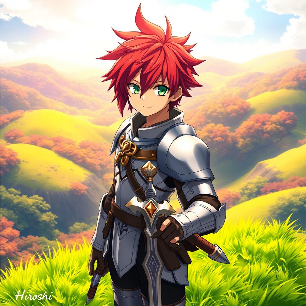 A captivating and adventurous fantasy anime cover titled 'Hiroshi', featuring a 16-year-old young paladin with vibrant red hair and striking green eyes