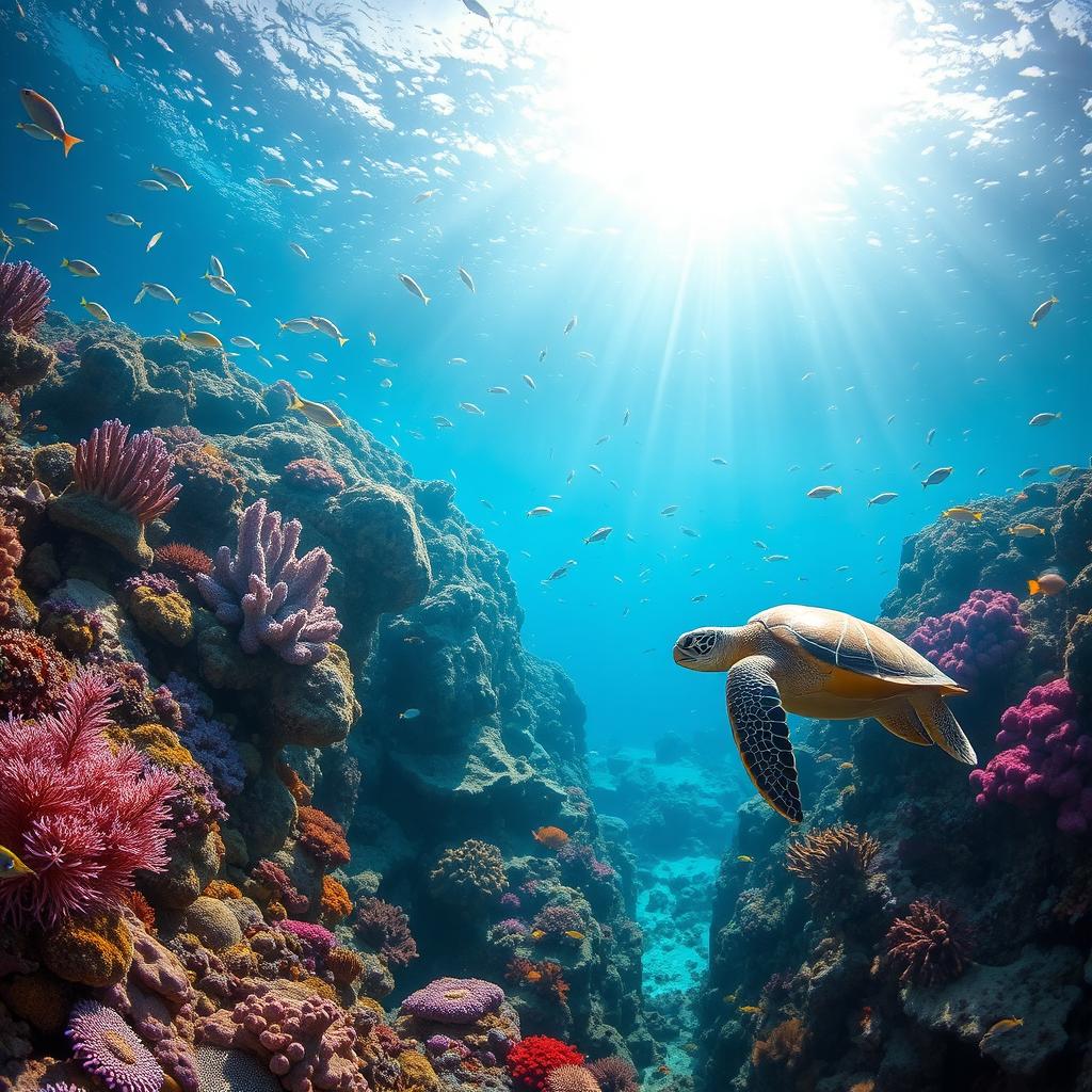 A stunning underwater scene featuring a vibrant coral reef, teeming with colorful fish swimming among the corals