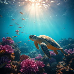 A stunning underwater scene featuring a vibrant coral reef, teeming with colorful fish swimming among the corals