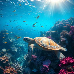 A stunning underwater scene featuring a vibrant coral reef, teeming with colorful fish swimming among the corals