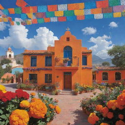 A picturesque representation of heaven inspired by Mexican culture. Fluffy clouds and vibrant marigolds fill the sky while friendly spirits engage in festivities under colorful papel picado banners. Traditional Mexican houses and majestic cathedrals float among the stars.