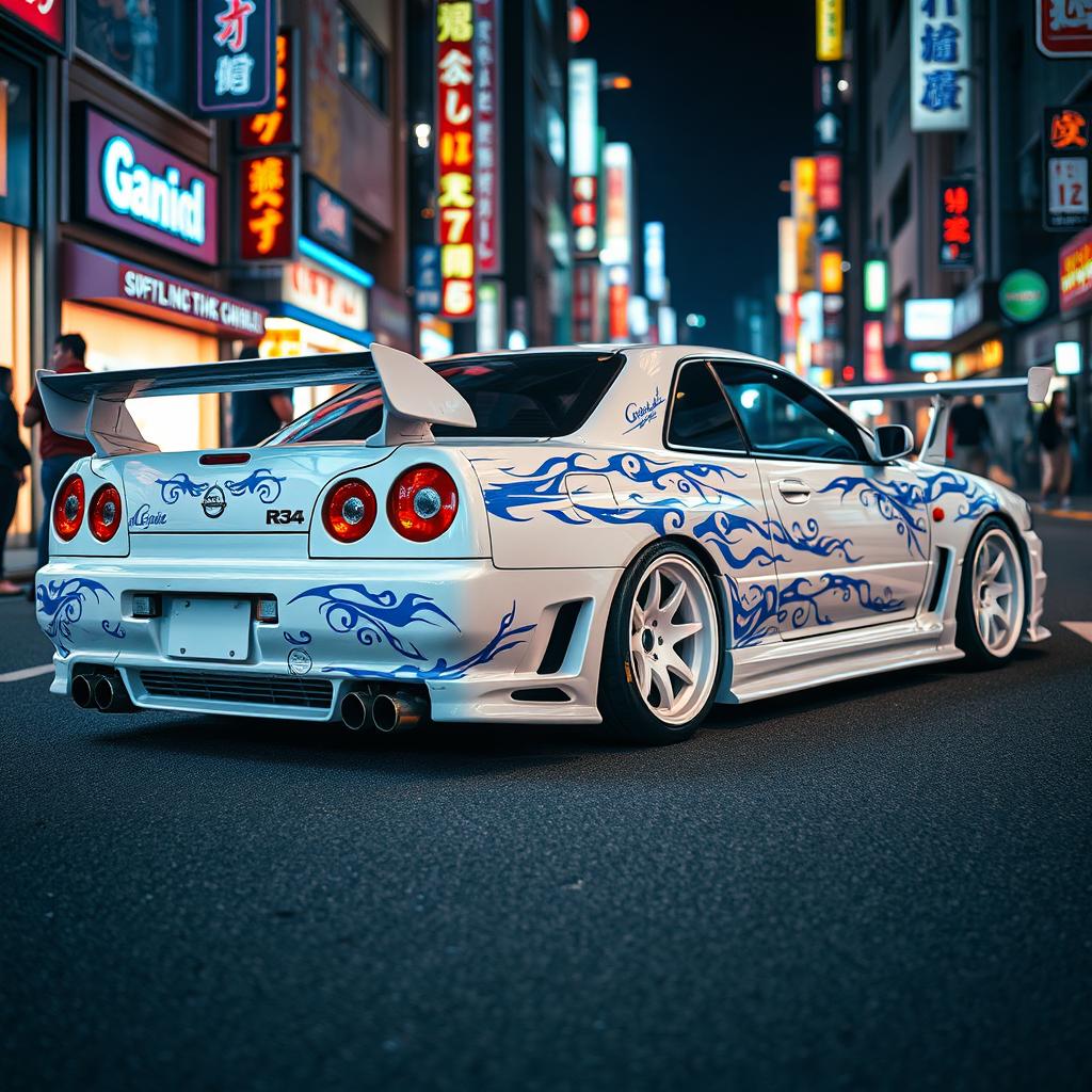 A magnificent white Nissan Skyline R34 adorned with striking blue tribal details, showcasing a unique and artistic flair