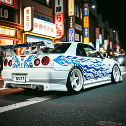 A magnificent white Nissan Skyline R34 adorned with striking blue tribal details, showcasing a unique and artistic flair