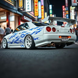 A magnificent white Nissan Skyline R34 adorned with striking blue tribal details, showcasing a unique and artistic flair