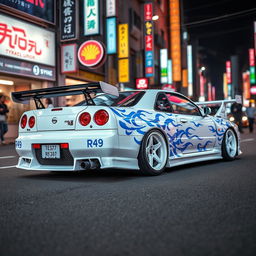 A magnificent white Nissan Skyline R34 adorned with striking blue tribal details, showcasing a unique and artistic flair