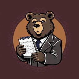 A logo featuring a mature bear in a suit, holding a calendar, set within a circular design