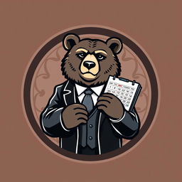 A logo featuring a mature bear in a suit, holding a calendar, set within a circular design