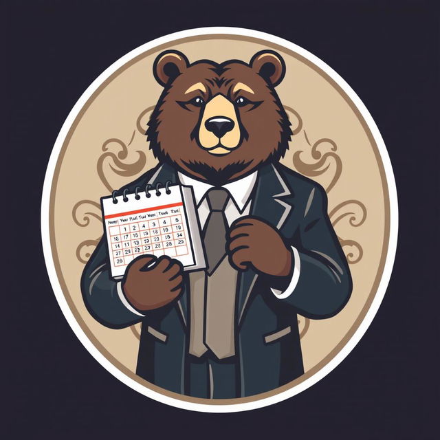 A logo featuring a mature bear in a suit, holding a calendar, set within a circular design