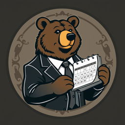 A logo featuring a mature bear in a suit, holding a calendar, set within a circular design