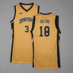 A front and back view of a gold and black basketball jersey. The primary gold fabric shines with contrasting black details, showcasing the team logo on the front and the player's number on the back.