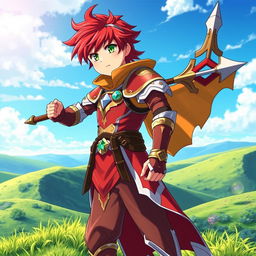 A captivating fantasy anime cover titled 'Hiroshi', featuring a 16-year-old young paladin with fiery red hair and bright green eyes