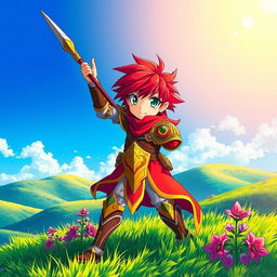 A captivating fantasy anime cover titled 'Hiroshi', featuring a 16-year-old young paladin with fiery red hair and bright green eyes