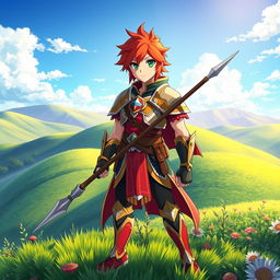 A captivating fantasy anime cover titled 'Hiroshi', featuring a 16-year-old young paladin with fiery red hair and bright green eyes