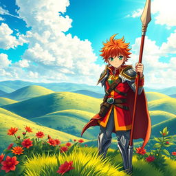 A captivating fantasy anime cover titled 'Hiroshi', featuring a 16-year-old young paladin with fiery red hair and bright green eyes