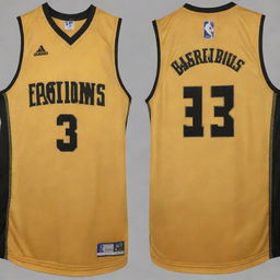 A front and back view of a gold and black basketball jersey. The primary gold fabric shines with contrasting black details, showcasing the team logo on the front and the player's number on the back.