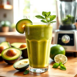 A delicious and refreshing avocado smoothie, creamy and vibrant green in color, served in a clear glass garnished with a slice of fresh avocado and a sprig of mint