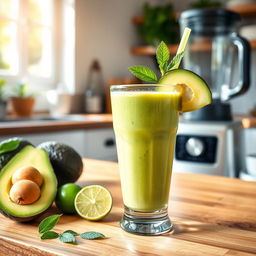 A delicious and refreshing avocado smoothie, creamy and vibrant green in color, served in a clear glass garnished with a slice of fresh avocado and a sprig of mint