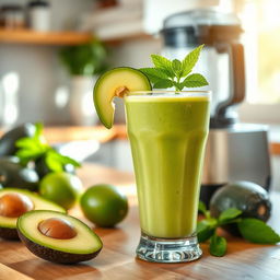 A delicious and refreshing avocado smoothie, creamy and vibrant green in color, served in a clear glass garnished with a slice of fresh avocado and a sprig of mint