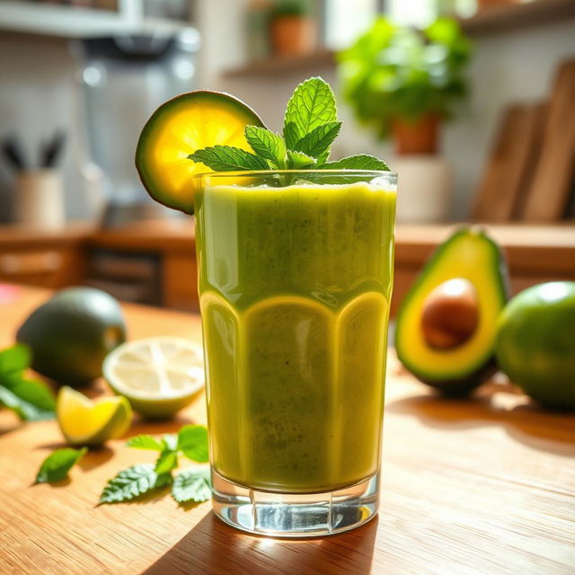 A delicious and refreshing avocado smoothie, creamy and vibrant green in color, served in a clear glass garnished with a slice of fresh avocado and a sprig of mint