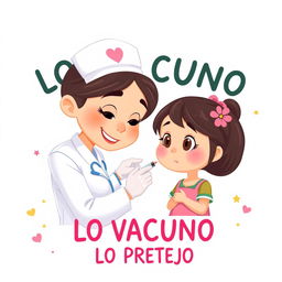 A colorful and heartwarming poster in the style of Disney Pixar, depicting a caring nurse administering a vaccine with a syringe to a small girl, who looks a little nervous but reassured