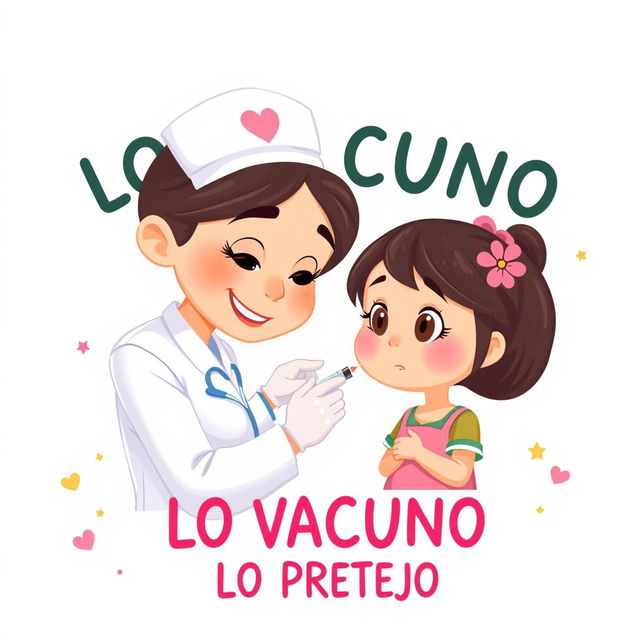 A colorful and heartwarming poster in the style of Disney Pixar, depicting a caring nurse administering a vaccine with a syringe to a small girl, who looks a little nervous but reassured