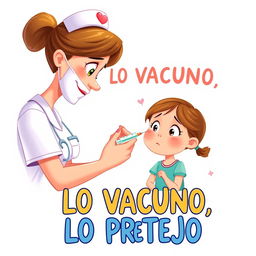 A colorful and heartwarming poster in the style of Disney Pixar, depicting a caring nurse administering a vaccine with a syringe to a small girl, who looks a little nervous but reassured