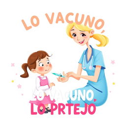 A colorful and heartwarming poster in the style of Disney Pixar, depicting a caring nurse administering a vaccine with a syringe to a small girl, who looks a little nervous but reassured